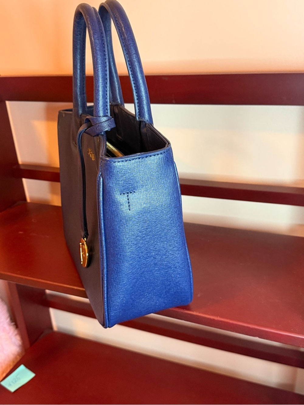 Furla Navy Saffiano Leather Tote with Gold Charm - Picture 4 of 12